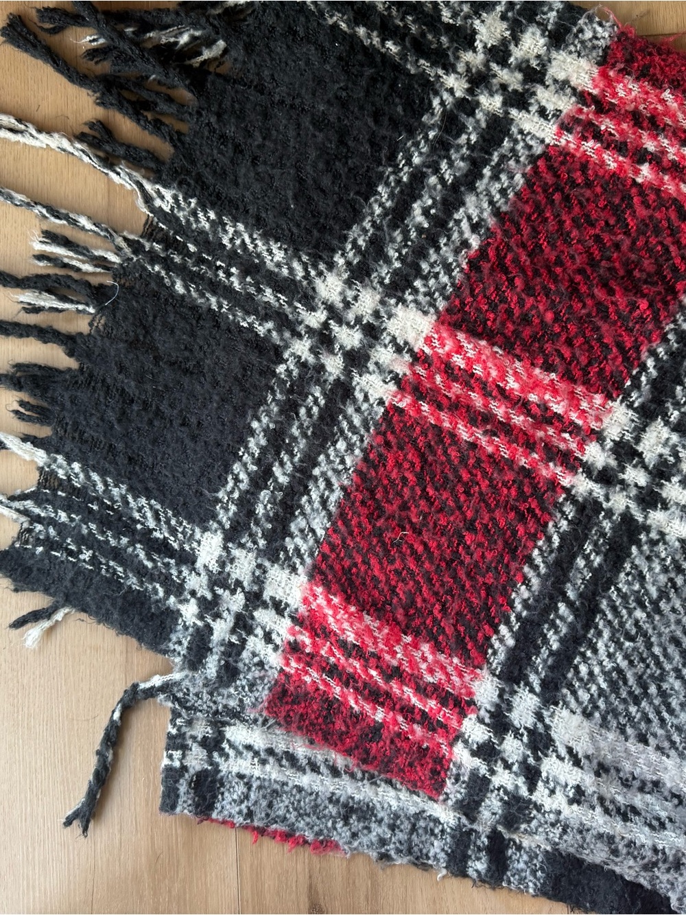 Cozy Plaid Fringe Scarf in Black, White & Red